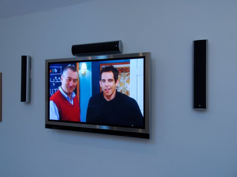 Installed LED TV and surround sound speakers